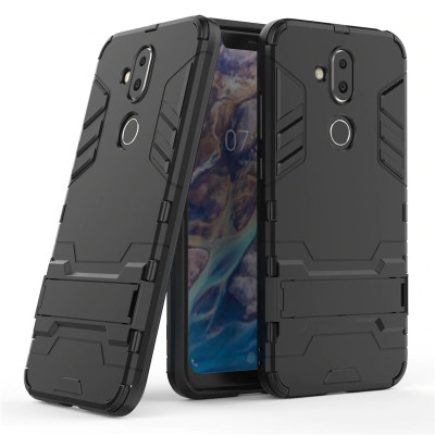 Твърди гърбове Твърди гърбове за Nokia Луксозен силиконов гръб ТПУ Hybrid Heavy Duty Deffender със стойка за Nokia 8.1 Dual 2018 черен